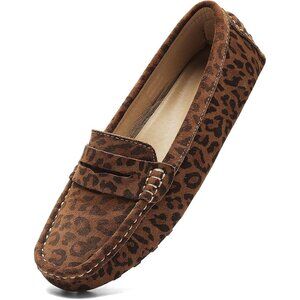 Women's Leopard Suede Leather Slip-On Fashion Retro Casual Penny Loafers Shoes